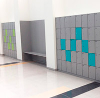Lockers, benches and walls Trespa coverings. Central Hospital, HUCA. Oviedo.